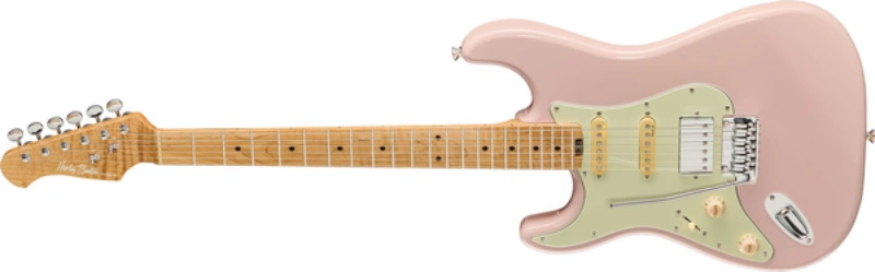 Left handed Harley Benton Guitars - a lefty ST-Modern Plus MN HSS electric guitar in a Shell Pink finish.