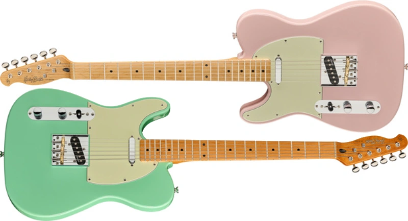 Left handed Harley Benton Guitars - Two lefty TE-62CC electric guitars in Shell Pink and Seafoam Green finishes.