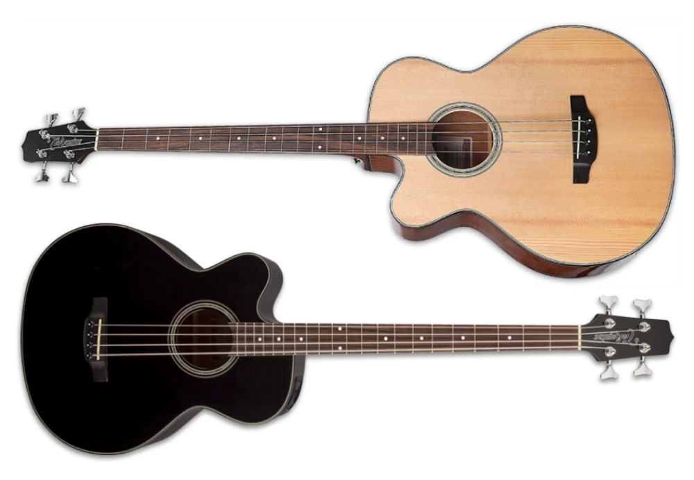 Left Handed Takamine Basses - Two lefty Takamine GB30CELH acoustic bass guitars; one with a gloss natural finish, and the other with a gloss black finish.