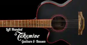 Close-up of a Takamine-GF49CELH-CB acoustic guitar with a Cosmic Black Sparkle finish and red binding, with text reading “Left Handed Takamine Guitars & Basses.”