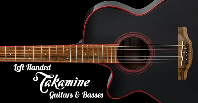 Close-up of a Takamine-GF49CELH-CB acoustic guitar with a Cosmic Black Sparkle finish and red binding, with text reading “Left Handed Takamine Guitars & Basses.”