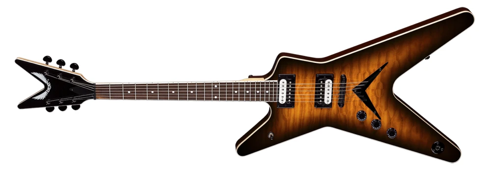 Left Handed Dean Guitars - A left handed Dean ML X electric guitar with a quilted maple top in a rich Brazilia burst finish. Features the iconic split V body shape with cream binding, two zebra humbuckers, string-through bridge with V-shaped tailpiece, three black control knobs, and a black headstock bearing the Dean wings logo.
