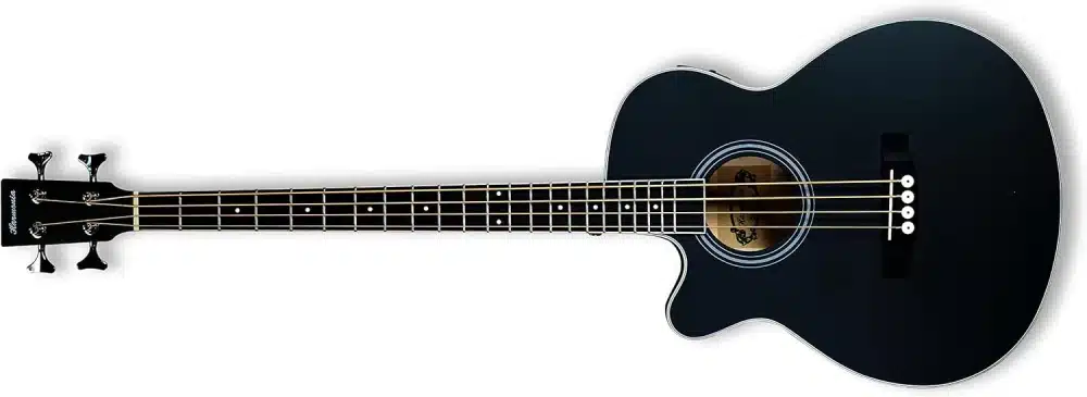 A left-handed black Harmonis TARIO acoustic-electric bass guitar with a cutaway body, white binding, and four strings. The instrument has a simple rosette around the soundhole and chrome tuning machines on a matching black headstock.