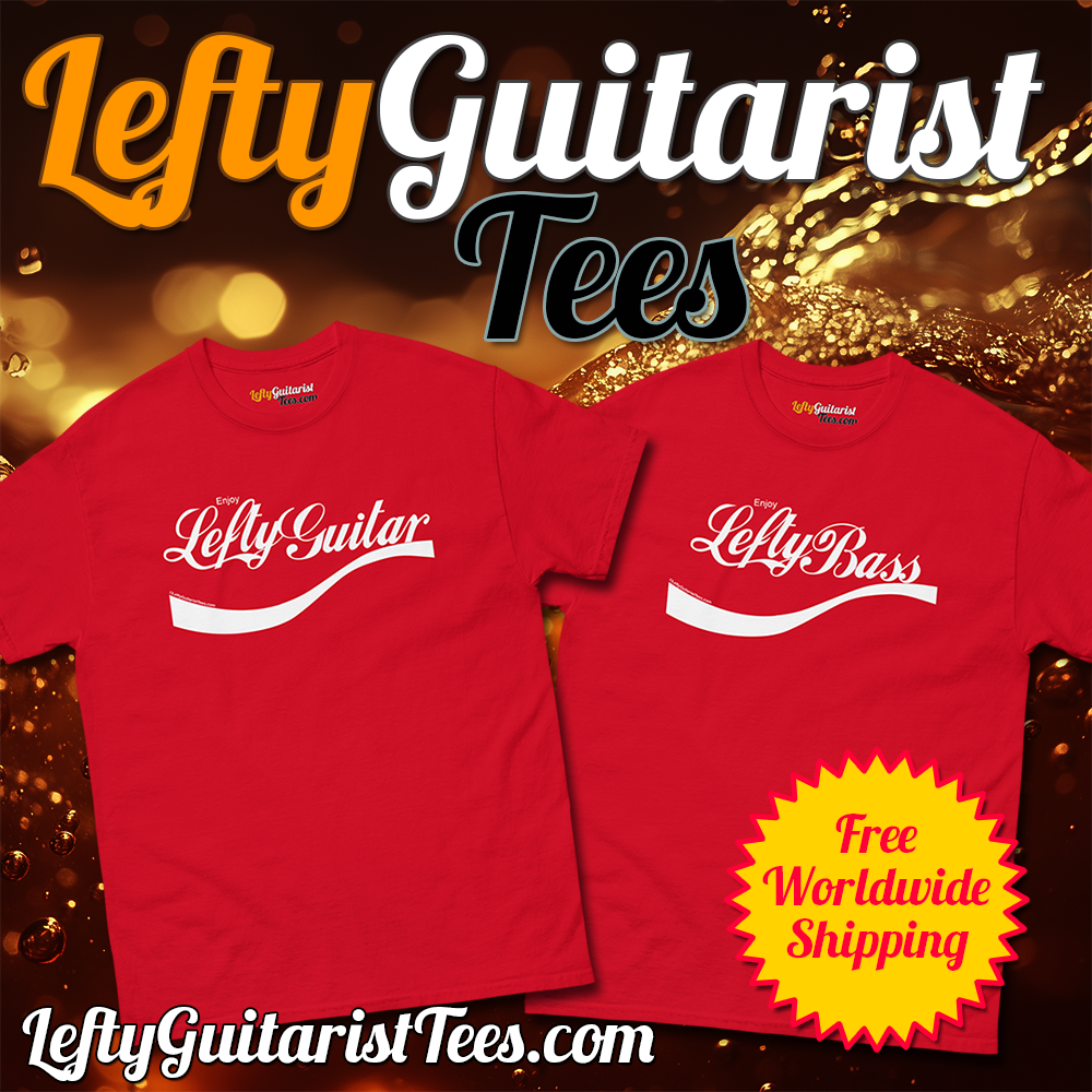 Ad for LeftyGuitaristTees.com - A t-shirt store selling t-shirts for lefty guitarists and bassists