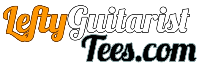 Logo for LeftyGuitaristTees.com. The word ‘Lefty’ appears in bold orange script, ‘Guitarist’ in white cursive, and ‘Tees.com’ in black stylised lettering with a grey outline.