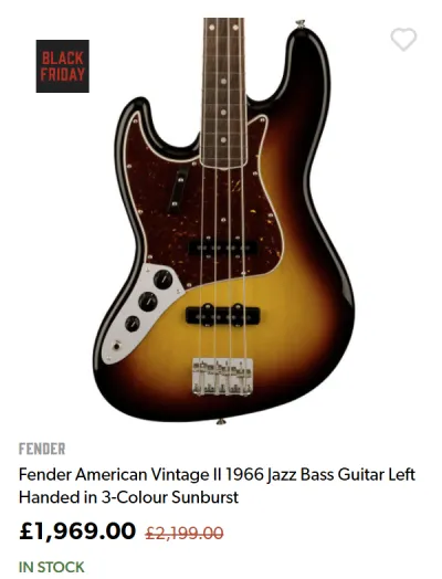 Lefty Fender American Vintage II 1966 Jazz Bass (3-Colour Sunburst) - ยฃ1,969.00 at Andertons for Black Friday
