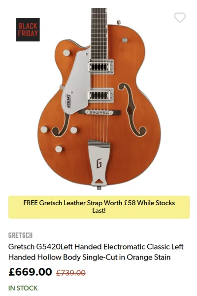 Lefty Gretsch G5420 Electromatic (Orange Stain) - ยฃ669.00 at Andertons for Black Friday