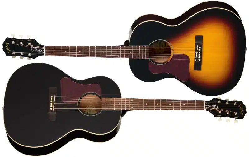 Left Handed Epiphone Acoustic Guitars - Two left handed Epiphone Blues King Studio guitars; one with a Dark Burst gloss finish and the other with a gloss Ebony finish.