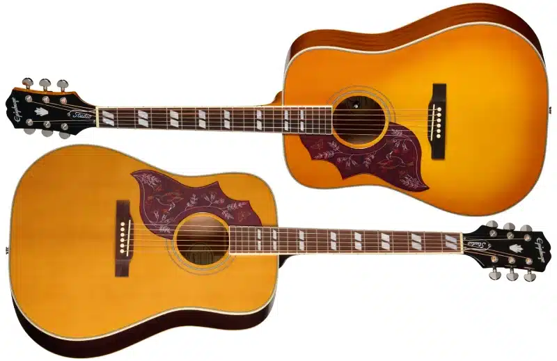Left Handed Epiphone Acoustic Guitars - Two left handed Epiphone Hummingbird Studio guitars; one with a Heritage Cherry Sunburst gloss finish and the other with a gloss Natural finish.