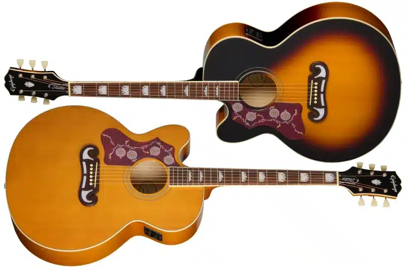 Left Handed Epiphone Acoustic Guitars - Two left handed Epiphone J-200 Studio EC guitars; one with a Vintage Sunburst gloss finish and the other with a gloss Natural finish.