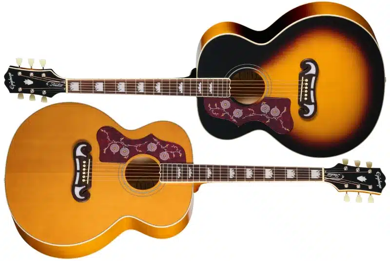 Left Handed Epiphone Acoustic Guitars - Two left handed Epiphone J-200 Studio guitars; one with a Vintage Sunburst gloss finish and the other with a gloss Natural finish.