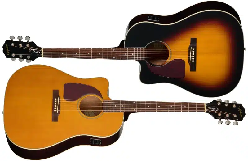 Left Handed Epiphone Acoustic Guitars - Two left handed Epiphone J-45 Studio EC guitars; one with a Vintage Sunburst gloss finish and the other with a gloss Natural finish.