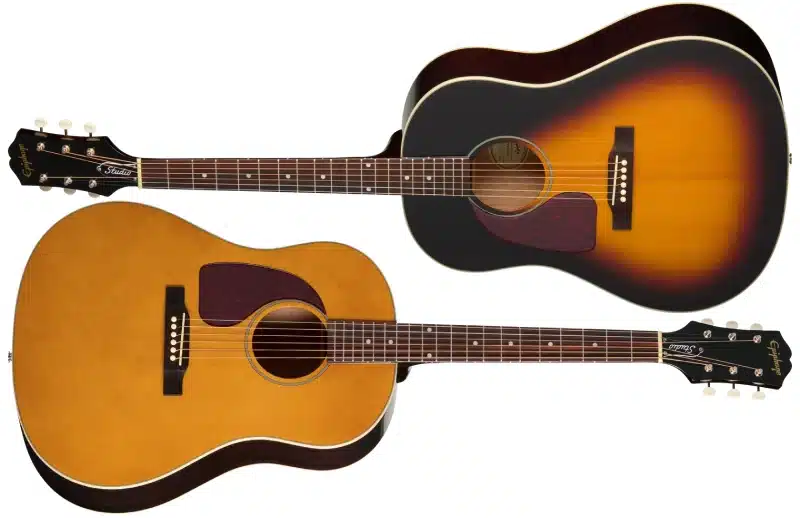 Left Handed Epiphone Acoustic Guitars - Two left handed Epiphone J-45 Studio guitars; one with a Vintage Sunburst gloss finish and the other with a gloss Natural finish.