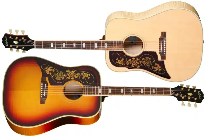 Left Handed Epiphone Acoustic Guitars - Two left handed Epiphone USA Frontier guitars; one with a Frontier Burst finish and the other with a Natural finish.