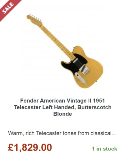 Lefty Fender American Vintage II 1951 Telecaster (Butterscotch Blonde) - ยฃ1,829.00 at Gear4music for Black Friday