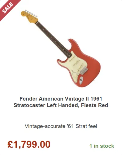 Lefty Fender American Vintage II 1961 Stratocaster (Fiesta Red) - ยฃ1,799.00 at Gear4music for Black Friday