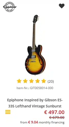 Lefty Epiphone Inspired by Gibson ES-335 (Vintage Sunburst) - €497 at Music Store