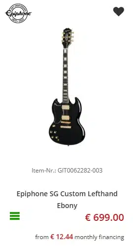 Lefty Epiphone SG Custom (Ebony) - €699 at Music Store
