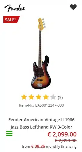 Lefty Fender American Vintage II 1966 Jazz Bass (Rosewood Fingerboard, 3-Color Sunburst) - €689 at Music Store