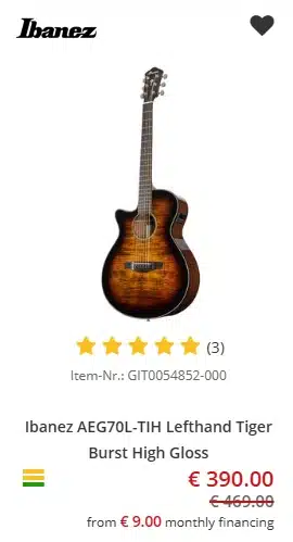 Lefty Ibanez AEG70L-TIH (Tiger Burst High Gloss) - €390 at Music Store