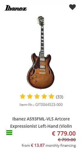 Lefty Ibanez AS93FML-VLS Artcore Expressionist Left-Hand (Violin Sunburst) - €779 at Music Store