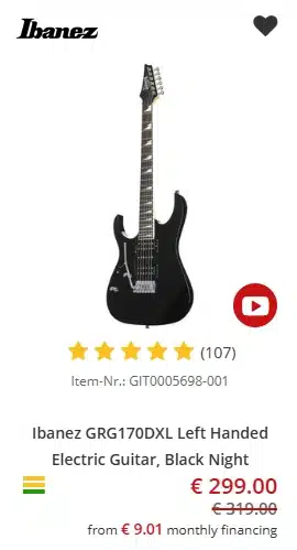 Lefty Ibanez GRG170DXL (Black Night) - €299 at Music Store