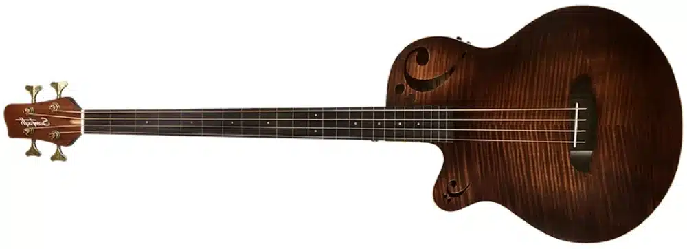 A left-handed Sawtooth Rudy Sarzo Signature acoustic-electric bass guitar with a satin violin finish, flamed wood grain, and carved F-hole–inspired sound ports. The bass features a cutaway body, four strings, and a matching dark headstock with brass tuning machines.