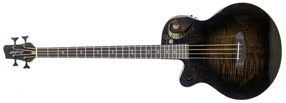 A left-handed Sawtooth Rudy Sarzo Signature acoustic-electric bass guitar with a transparent black flamed top, carved sound ports, and a cutaway body. It features four strings, decorative fretboard inlays, and a dark headstock with black tuning machines.