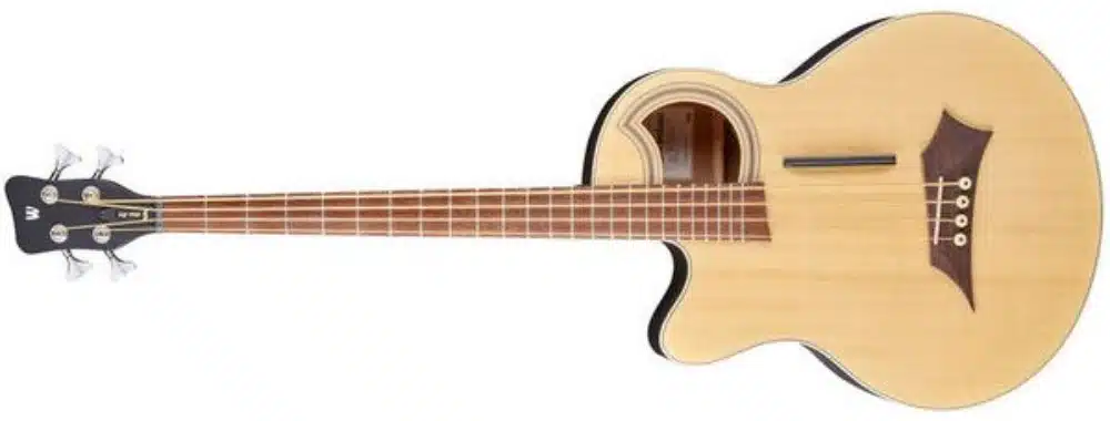 A left-handed Warwick RockBass Alien Standard 4-String acoustic-electric bass guitar with a natural finish, distinctive offset soundhole, and dark wooden bridge. The bass has a cutaway body, four strings, chrome tuning machines, and a black headstock with the Warwick logo.
