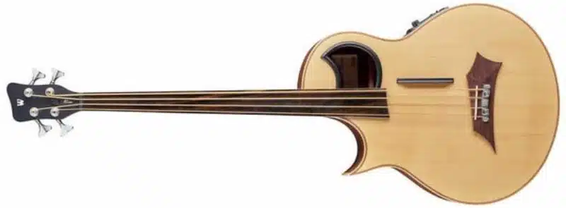 A left-handed Warwick Alien 4-String fretless acoustic-electric bass guitar with a natural finish, distinctive offset soundhole, and dark wooden bridge. The bass has a cutaway body, four strings, chrome tuning machines, and a black headstock with the Warwick logo.
