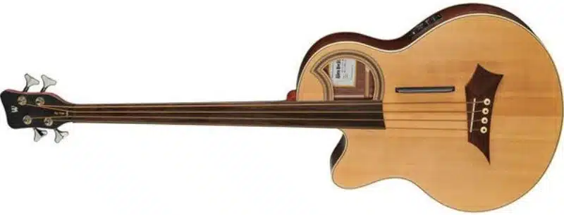 A left-handed Warwick RockBass Alien Deluxe 4-String fretless acoustic-electric bass guitar with a natural finish, distinctive offset soundhole, and dark wooden bridge. The bass has a cutaway body, four strings, chrome tuning machines, and a black headstock with the Warwick logo.