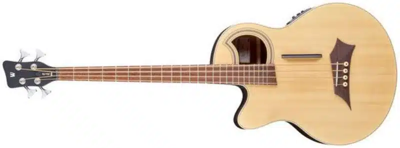 A left-handed Warwick RockBass Alien Deluxe 4-String acoustic-electric bass guitar with a natural finish, distinctive offset soundhole, and dark wooden bridge. The bass has a cutaway body, four strings, chrome tuning machines, and a black headstock with the Warwick logo.