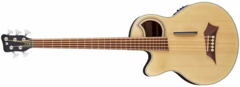A left-handed Warwick RockBass Alien Deluxe 5-String acoustic-electric bass guitar with a natural finish, distinctive offset soundhole, and dark wooden bridge. The bass has a cutaway body, five strings, chrome tuning machines, and a black headstock with the Warwick logo.