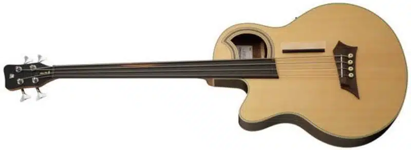 A left-handed Warwick RockBass Alien Deluxe Hybrid Thinline 4-String fretless acoustic-electric bass guitar with a natural finish, distinctive offset soundhole, and dark wooden bridge. The bass has a cutaway body, four strings, chrome tuning machines, and a black headstock with the Warwick logo.