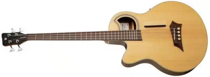 A left-handed Warwick RockBass Alien Deluxe Hybrid Thinline 4-String acoustic-electric bass guitar with a natural finish, distinctive offset soundhole, and dark wooden bridge. The bass has a cutaway body, four strings, chrome tuning machines, and a black headstock with the Warwick logo.