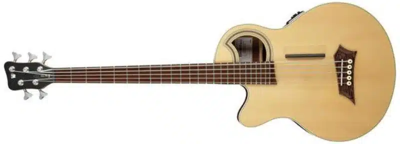 A left-handed Warwick RockBass Alien Deluxe Hybrid Thinline 5-String acoustic-electric bass guitar with a natural finish, distinctive offset soundhole, and dark wooden bridge. The bass has a cutaway body, five strings, chrome tuning machines, and a black headstock with the Warwick logo.