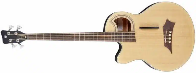 A left-handed Warwick RockBass Alien Standard 5-String acoustic-electric bass guitar with a natural finish, distinctive offset soundhole, and dark wooden bridge. The bass has a cutaway body, five strings, chrome tuning machines, and a black headstock with the Warwick logo.