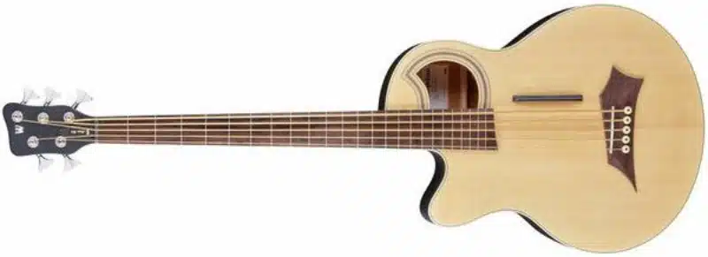 A left-handed Warwick RockBass Alien Standard 5-String fretless acoustic-electric bass guitar with a natural finish, distinctive offset soundhole, and dark wooden bridge. The bass has a cutaway body, five strings, chrome tuning machines, and a black headstock with the Warwick logo.