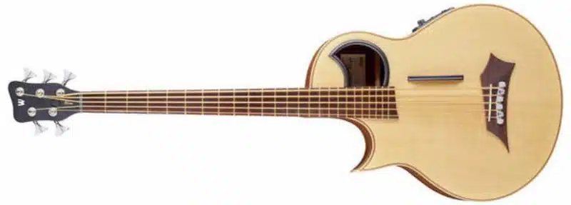 A left-handed Warwick Alien 5-String acoustic-electric bass guitar with a natural finish, distinctive offset soundhole, and dark wooden bridge. The bass has a cutaway body, five strings, chrome tuning machines, and a black headstock with the Warwick logo.