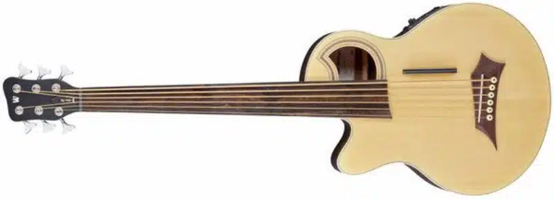 A left-handed Warwick Alien Deluxe Fretless 6-String acoustic-electric bass guitar with a natural finish, distinctive offset soundhole, and dark wooden bridge. The bass has a cutaway body, six strings, chrome tuning machines, and a black headstock with the Warwick logo.