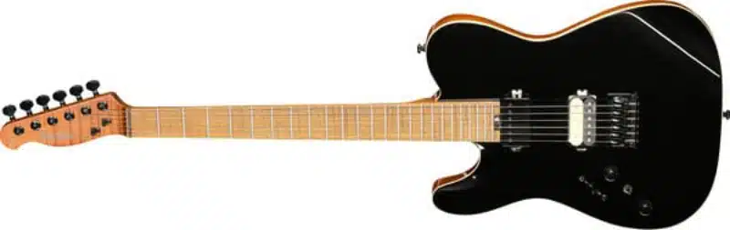 A left handed Harley Benton Fusion-T II HH LH MN HT in a Black Metallic finish