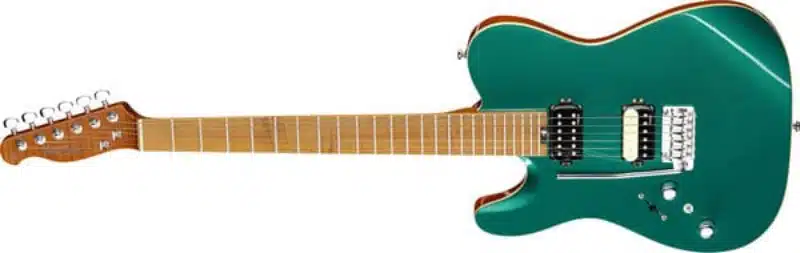 A left handed Harley Benton Fusion-T II HH LH MN in an Ocean Turquoise Gloss finish
