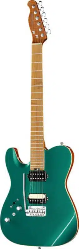 A left handed Harley Benton Fusion-T II HH LH MN in an Ocean Turquoise Gloss finish