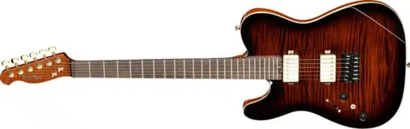 A left handed Harley Benton Fusion-T II HH LH RW HT with a Flame Bengal Burst finish