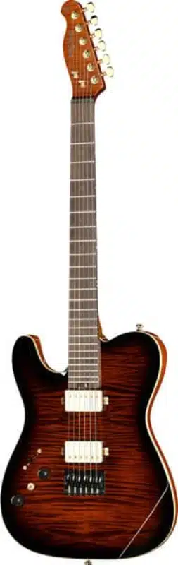 A left handed Harley Benton Fusion-T II HH LH RW HT with a Flame Bengal Burst finish