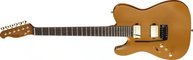 A Harley Benton Fusion-T II HH RW in a Satin Gold finish