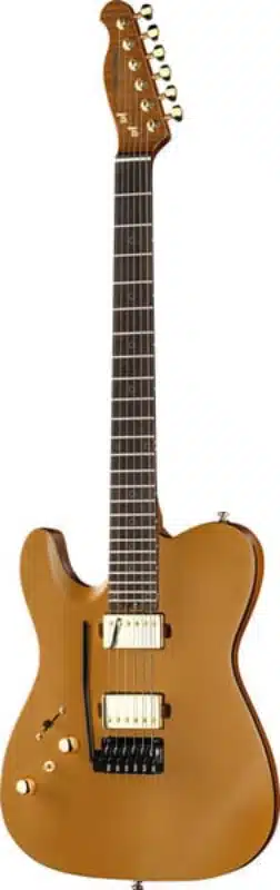 A Harley Benton Fusion-T II HH RW in a Satin Gold finish