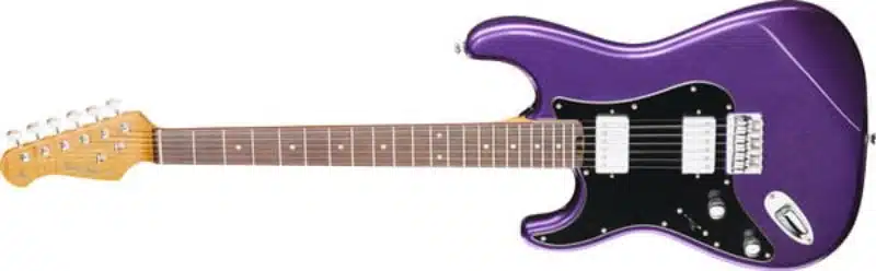 Left handed Harley Benton ST-Modern Plus HH in a purple metallic finish
