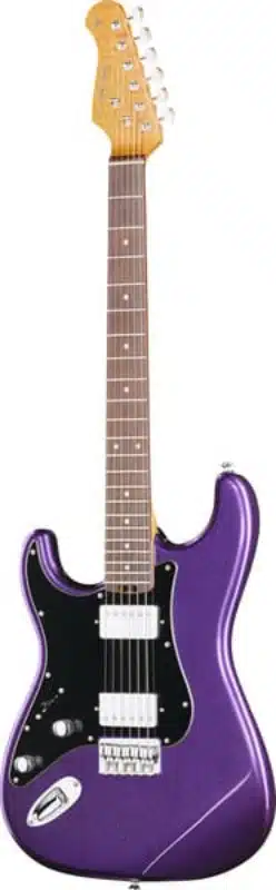 Left handed Harley Benton ST-Modern Plus HH in a purple metallic finish